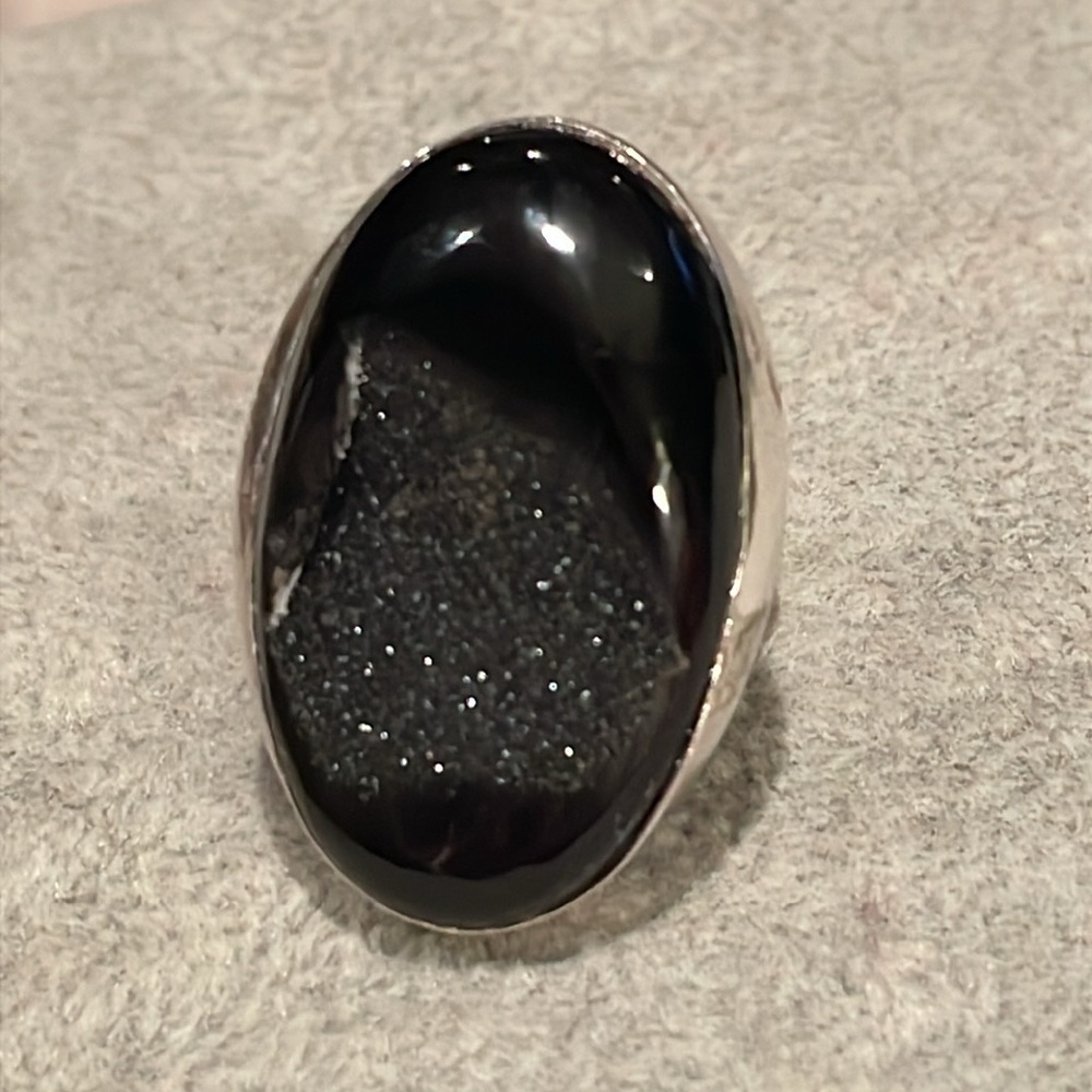 Chunky Black Agate Druzy Geode Ring Sterling Silv… - image 7